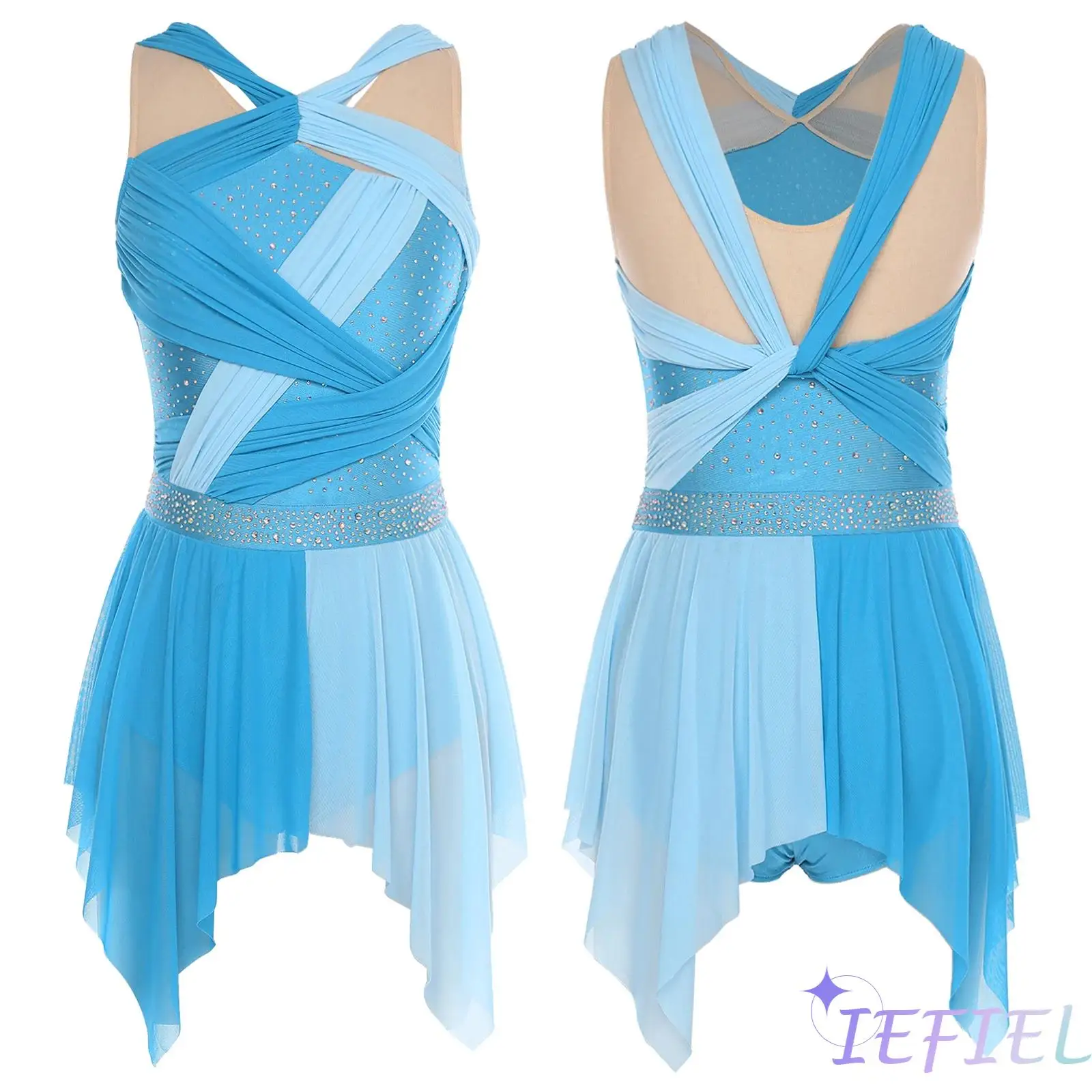 

Womens Color Block Lyrical Dance Dress Rhinestone Mesh Ruched Twisted Knot Irregular Hem Sleeveless Leotard Dress Dancewear