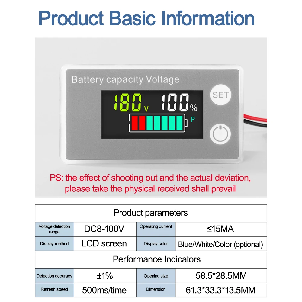 DC8-100V LCD Digital Voltmeter Battery Capacity Indicator Meter Pannel Percentage Display Voltage Temperature Alarm White Shell