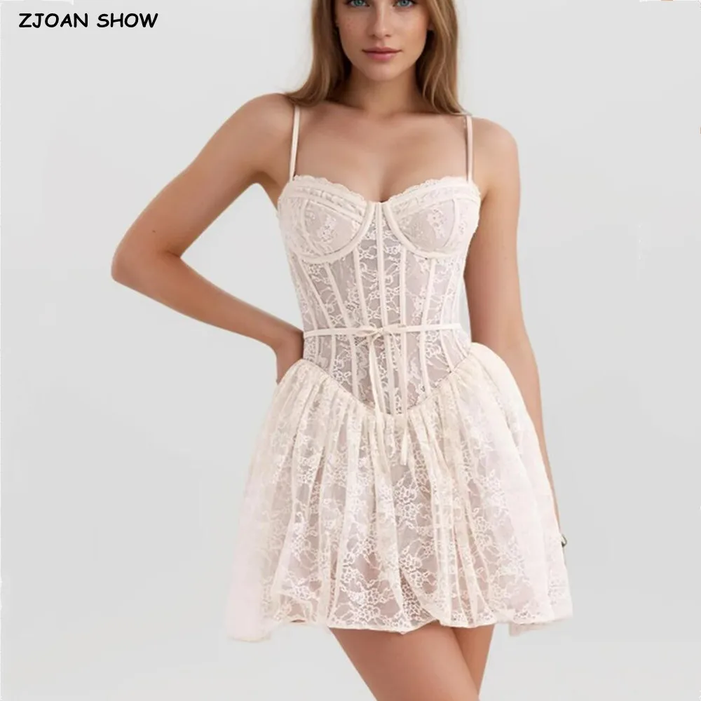 2024 Sexy Hollow out Hole Lace With Wire Corset Style Sling Dress Women Bow lacing up Low Waist Ball Gown Swing Mini Party Robe