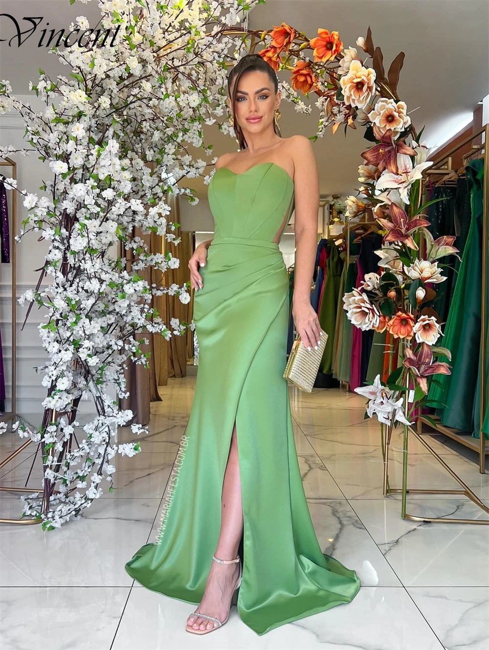 Customized Sweetheart Half Sleeves Luxury Evening Dress Mermaid Floor Length Fashion Cocktail Dress Green Lace Up Back Prom