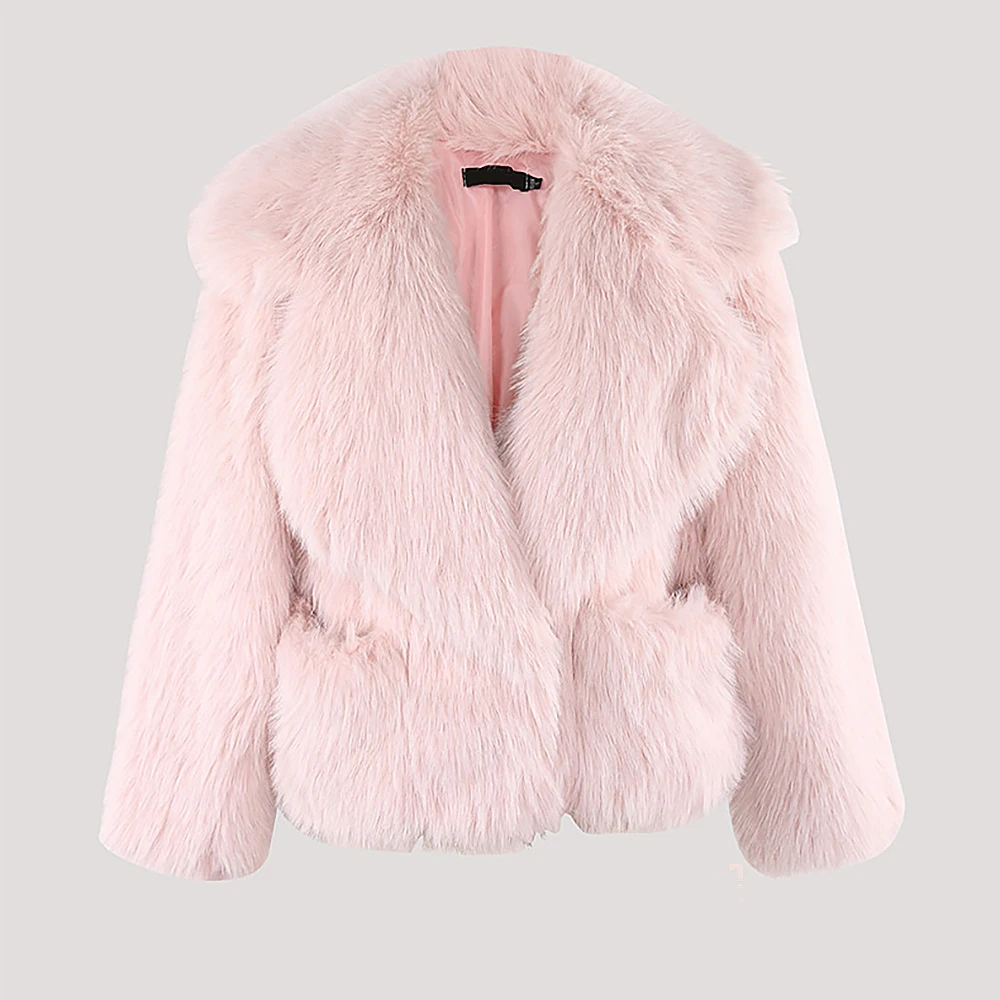 Imitação de pele de raposa feminina outwear outono inverno gola grande curto aba bolso calças casuais elegantes roupas femininas