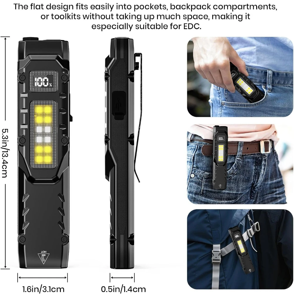 مصباح يدوي تكتيكي eDC، 1100LM مصباح يدوي مسطح LED قابل لإعادة الشحن مع مشبك وشاشة رقمية، مصباح جيب للتخييم في حالات الطوارئ #3