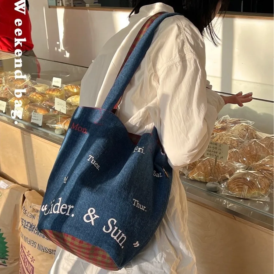 Original Denim Basket Bucket Bag Shoulder Bag Spring Summer Trendy Week Store Small  Women's Handbag Open Top Closure