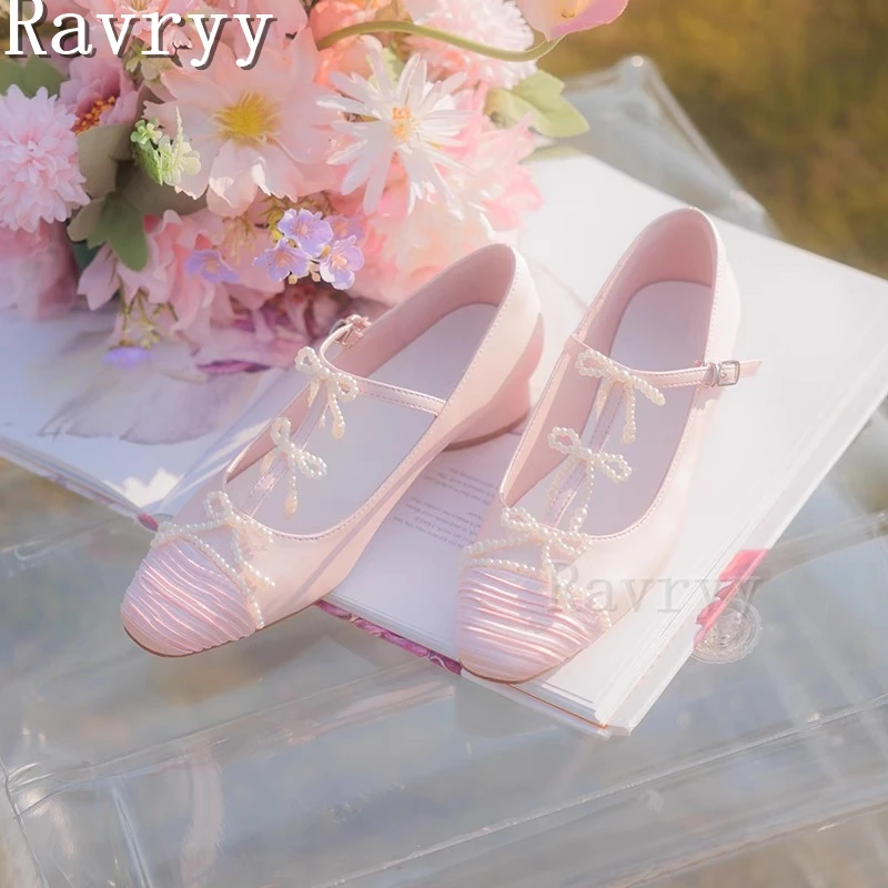 

Pink Sweet Pearl Bow Knots Mary Jane Shoes Fairy Style Low Heels Shallow Buckle Strap Wedding Lolita Single Shoes