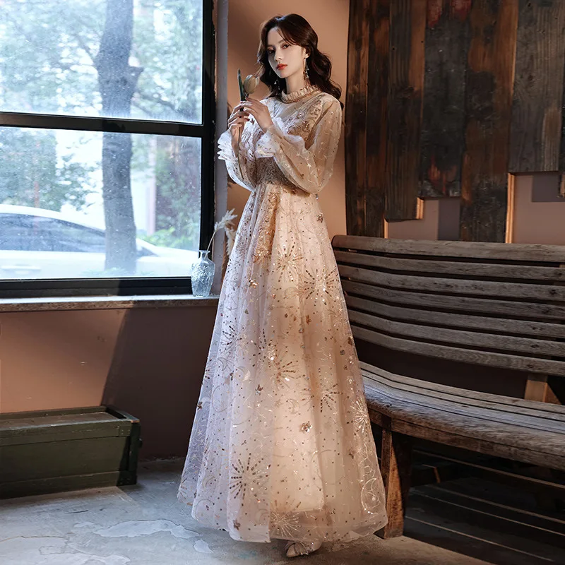 Women Evening Dress Ball Gown Dress Perspective Printed Long Sleeve V Neck Zipper Fairy Bling Cheongsam Stand Collar Clothes