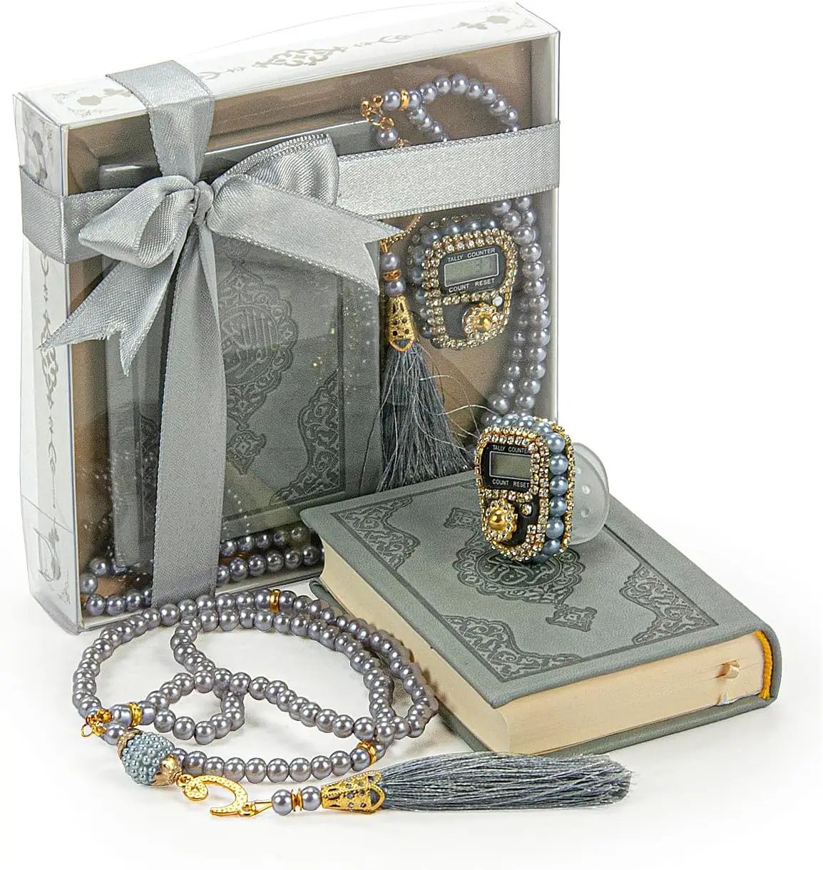 Portable Digital Prayer Tasbeeh with Quran Set, Islamic Finger Counter & Pearl Beads, 3-Piece Gift for Ramadan Eid Mawlid