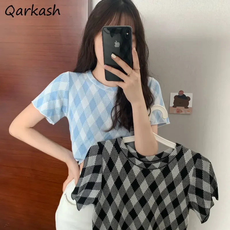 

Футболка с коротким рукавом, женская летняя клетчатая футболка в стиле ретро в стиле Харадзюку, универсальный тонкий дизайн, модные простые женские футболки, мягкие футболки для отдыха