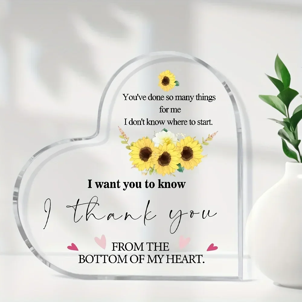 Heart Acrylic Desk Plaque Thank You Gift, Sunflower From The Bottom Of My Heart Decor Sign