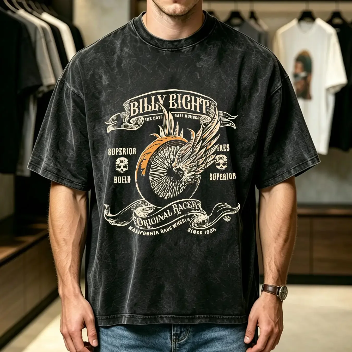 washed T Shirt ORIGINAL RACER billy Eight Mens Black Biker Rock a USA long or short sleeves vintage Washed Comfortable fashion