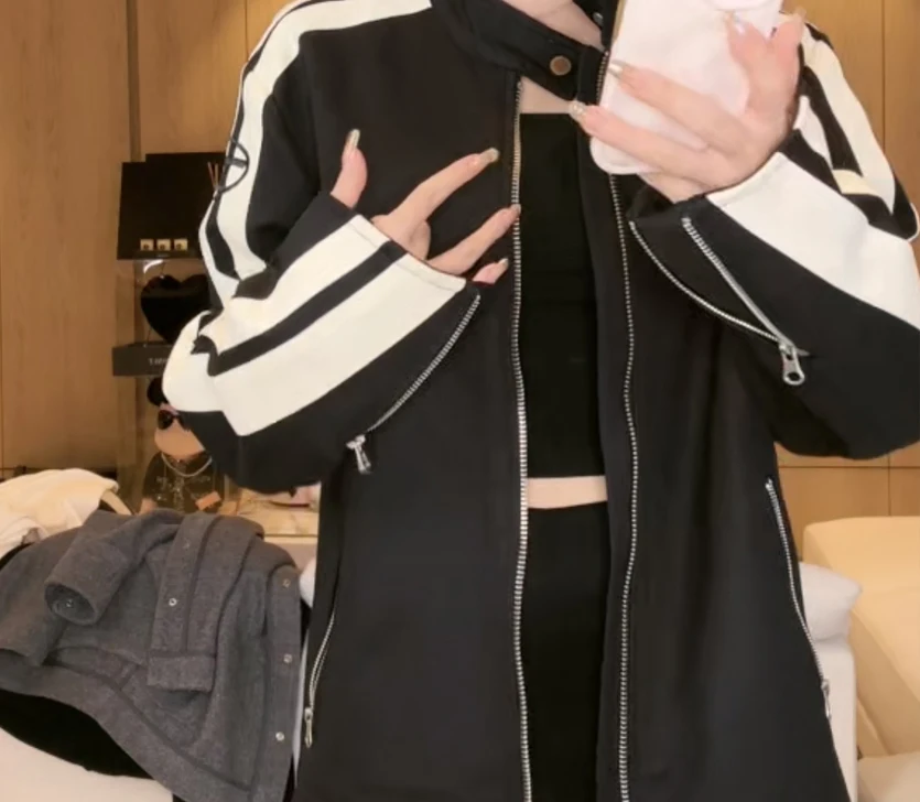 

Fanhfan Good Morning Embroidered Zipper Cotton Jaet Slim Fit Collar Stand up Color Blo Sve Vintage Sle Women's Coat