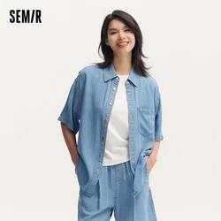 Semir Denim Shirt Women 2024 Summer New Mid-Length Dropped Shoulders Loose-Fit Short-Sleeved Soft Denim Blouse Casual Relaxed