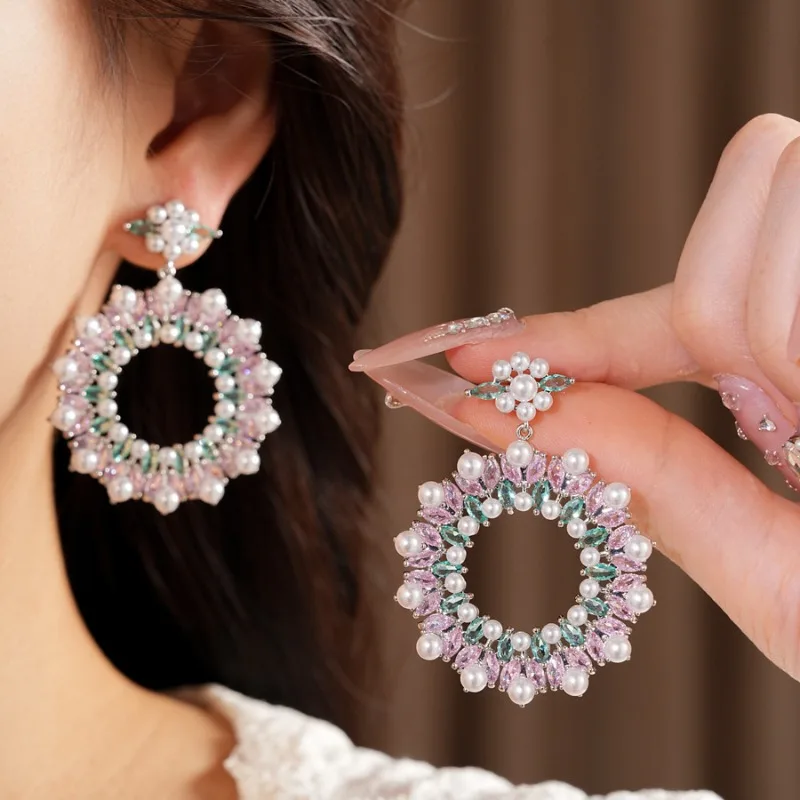 Pink Green Contrast Vintage Wreath Imitation Pearl Zircon Dangle Earrings, Round Floral Wedding Bride Women Jewelry