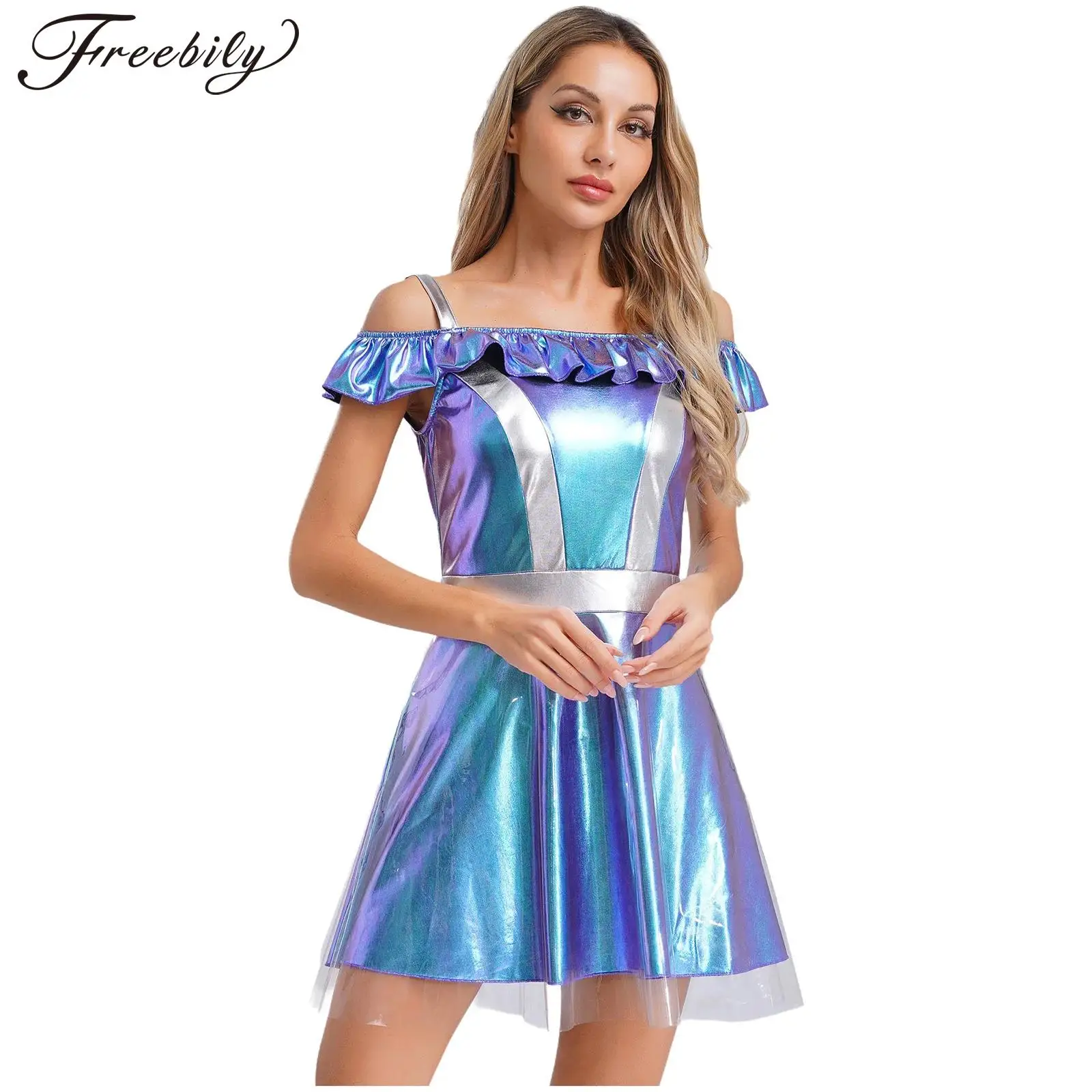 Disfraz de Robot de sirvienta para mujer, disfraz de Alien espacial con tirantes finos y hombros descubiertos, disfraz de alienígena metálico brillante para Halloween