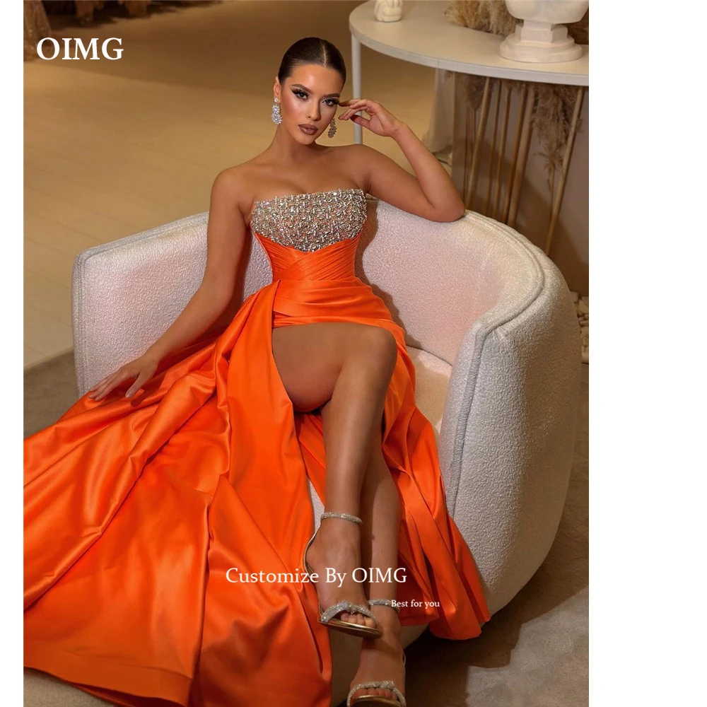 OIMG Sparkly Orange Satin A Line Long Prom Dresses Dubai Arabic Beads Crystal Split Sexy Evening Gowns Formal Party Dress