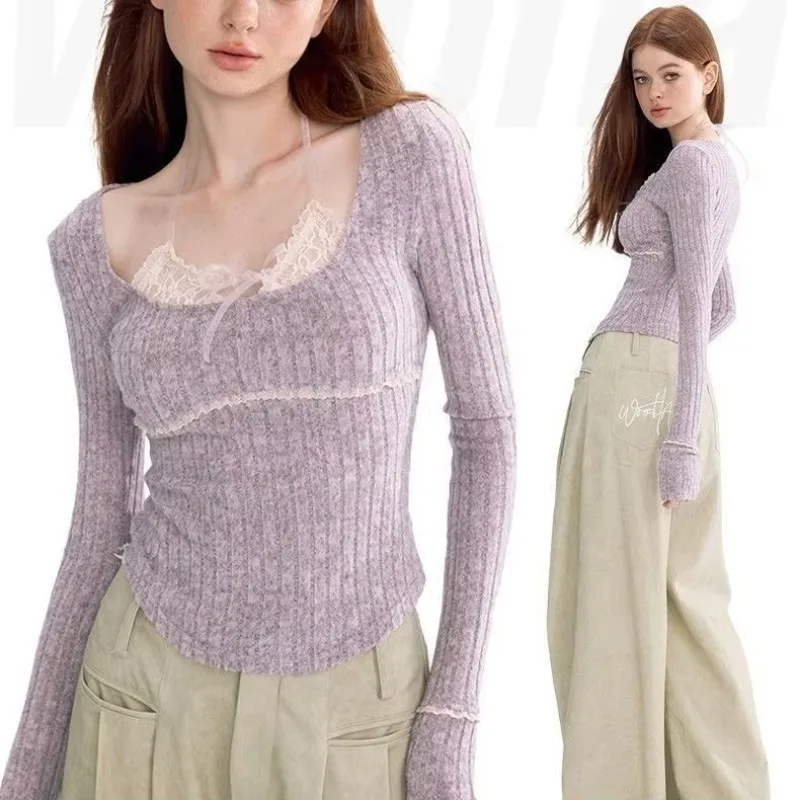 Knitted Tops Women Sweet Lace Patchwork Halter Slim Fit Short Sweater Autumn Vintage Long Sleeve Y2k Aesthetic Pullover