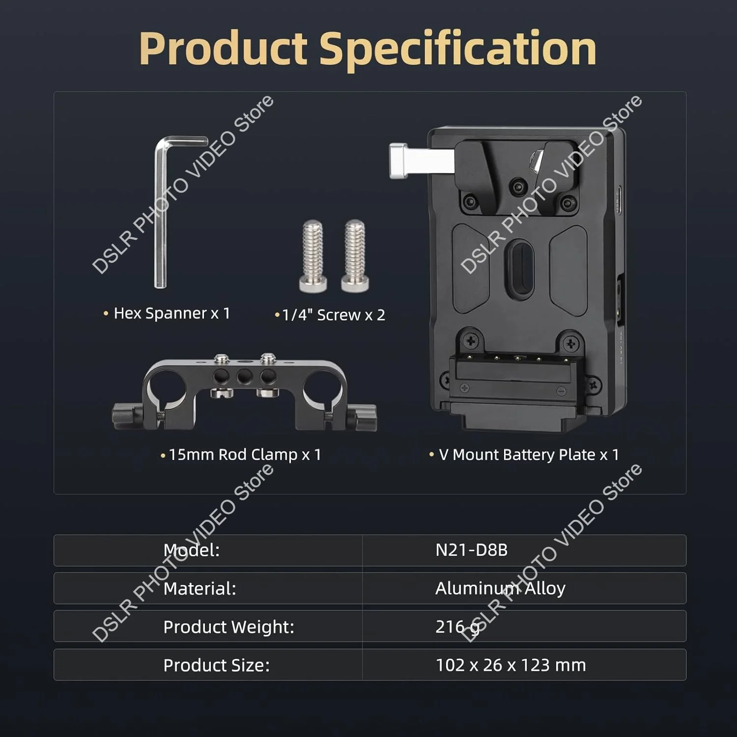 Nitze V Mount Battery Adapter Plate with 15mmRod clamp, with USB-C Input/Output (PD 3.0), DC (8V/3A), D-tap (14.8V/10A)