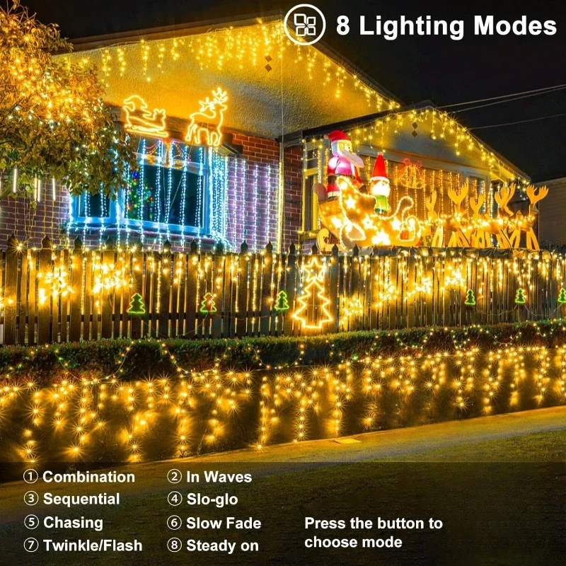 Luce a ghiacciolo a LED 8 modalità Luci a corda per tende da esterno per interni per decorazioni natalizie per feste in patio, case di nozze
