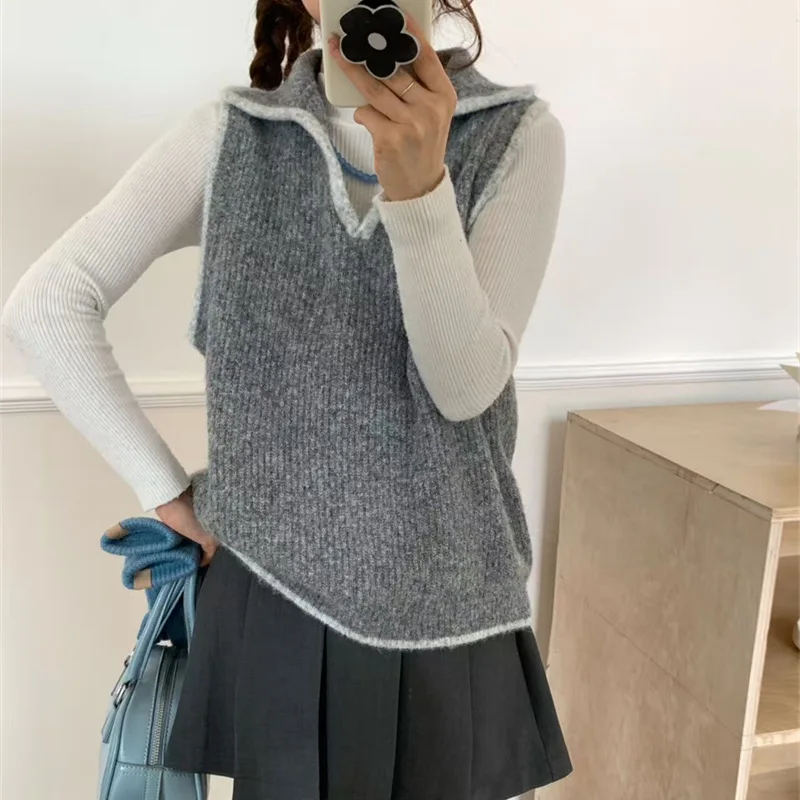 

Осень-зима, новый свитер, жилет, женский повседневный жилет с лацканами контрастного цвета, многослойный вязаный жилет без рукавов в японском стиле
