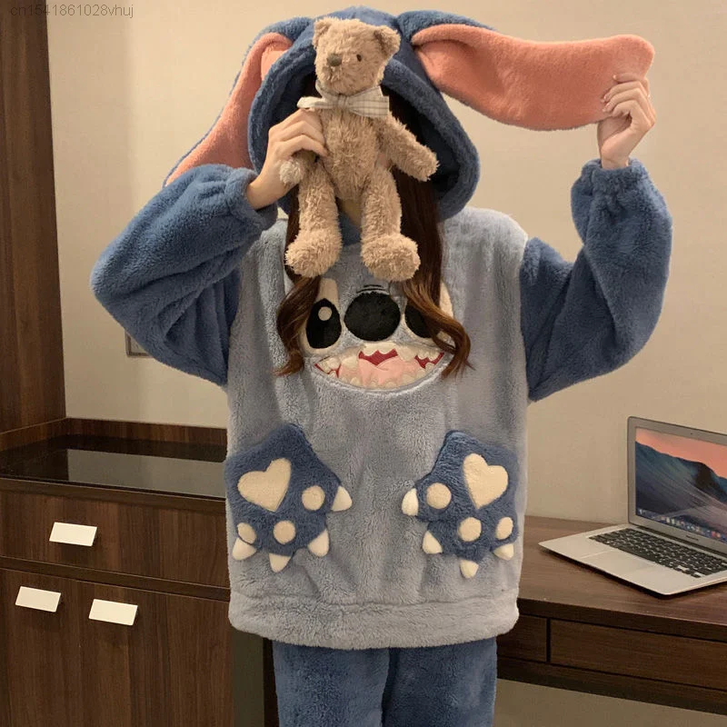 Disney Stitch Hooded Pjs Pajamas For Women Winter 2023 New Coral Velvet Cute Anime Thickened Homewear Set Y 2k Sleepwear Girls