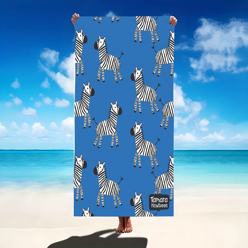 Zebra Print Pattern Beach Towel Blue Background Animal Kingdom Design Large Soft Microfiber Bath Blanket