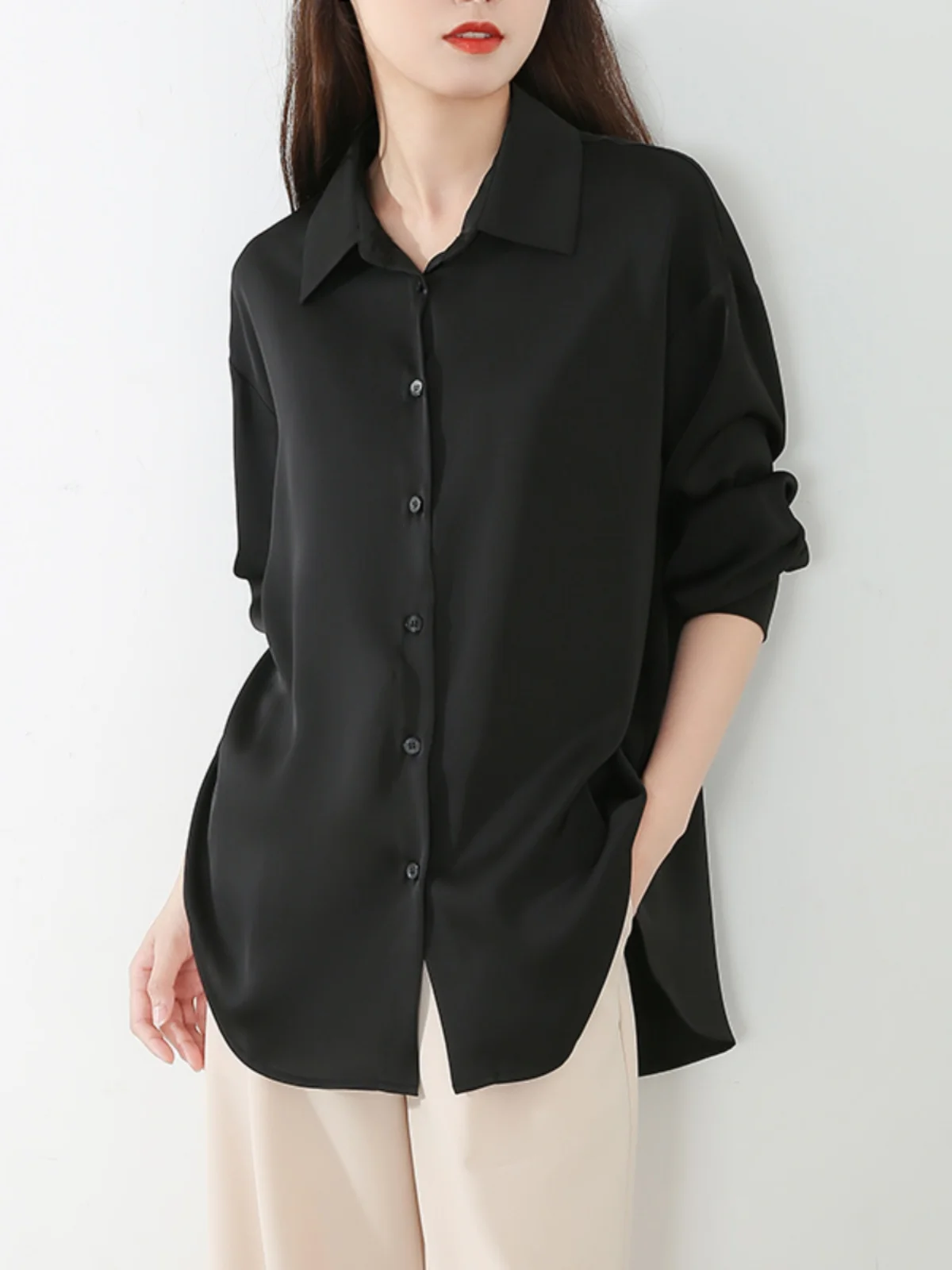 

Весенне-осенний женский длинный шифоновый топ с воротником свободного покроя, корейский топ из смеси полиэстера прямого кроя