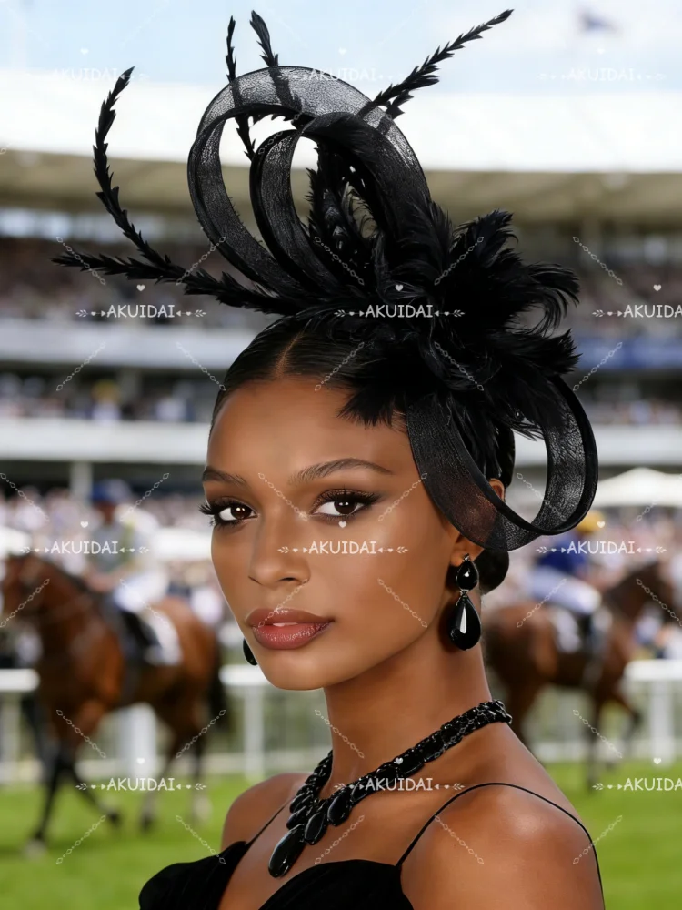 Ladies Black Feather Hair Pillbox Fascinator Hat Women Elegant Royal Ascot Mesh Headwear Ladies Event Wedding Veils Millinery