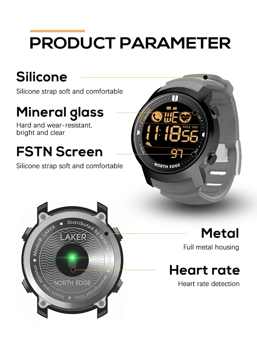NORTH EDGE ساعة ذكية للرجال مراقب معدل ضربات القلب مقاوم للماء 50 متر السباحة الجري الرياضة عداد الخطى ساعة توقيت Smartwatch أندرويد IOS