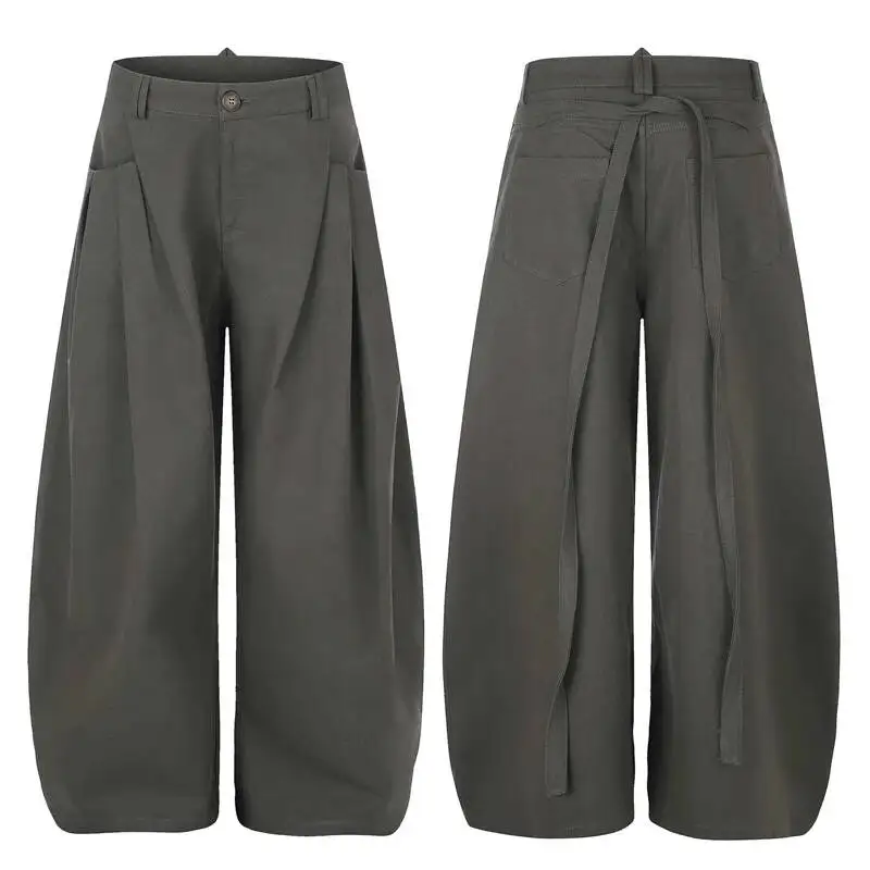 Pleated High Waist Wide Leg Trousers For Men Women, Belted Draped Loose Floor Length Curved Casual Dress Pants SYU1