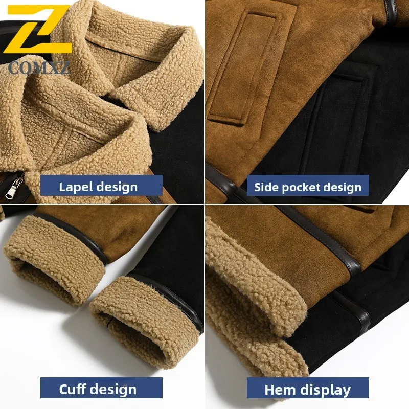 Harajuku Deerskin Fleece Jacket Men's Motorcyclist Thickened Warm Wool Plush Coat 2025 New Winter Korean Trendy Cold-proof Parka