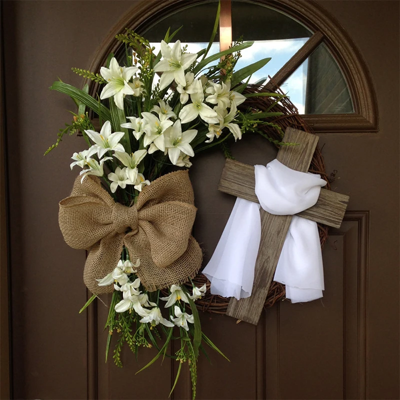 Corona di croce di Pasqua per porta d'ingresso o parete Fiore artificiale Fiocco di giglio Sciarpa di seta Ghirlanda religiosa Ghirlanda primaverile Decorazione pasquale