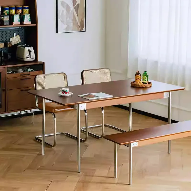 

Retro small apartment household medieval rectangular table log dining table chair