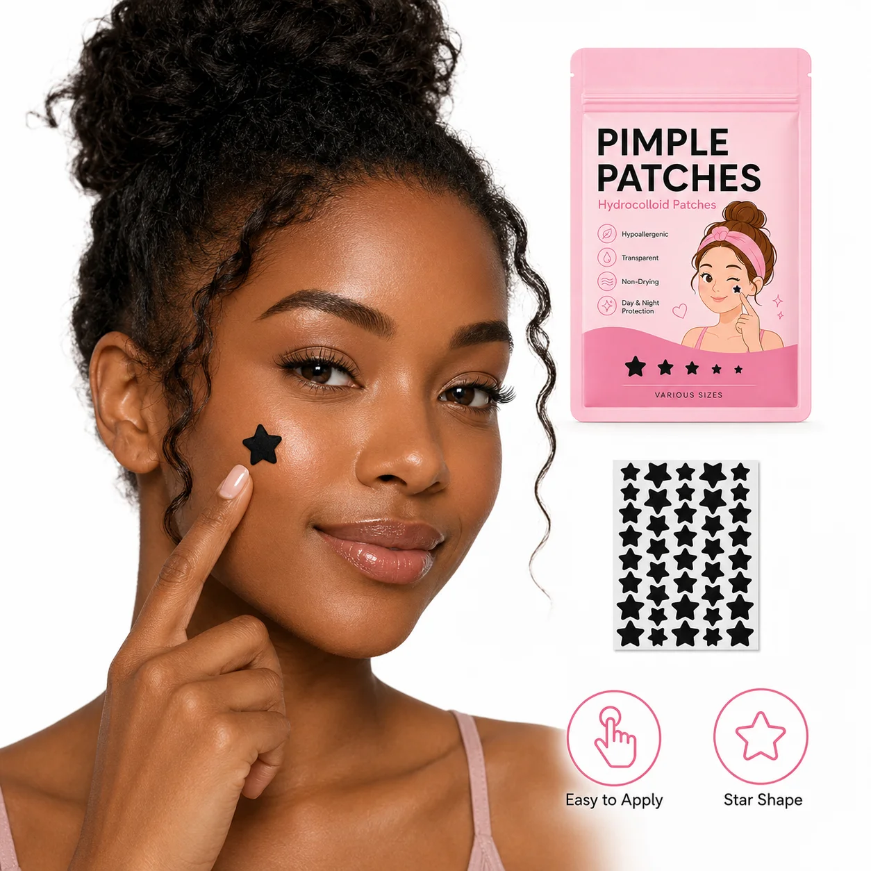 160 Count Black Star Patches, for Facial Coverage, Conceals, Blocks Dust, Powder-Proof, Sweat-Proof, for Decoration, Photos