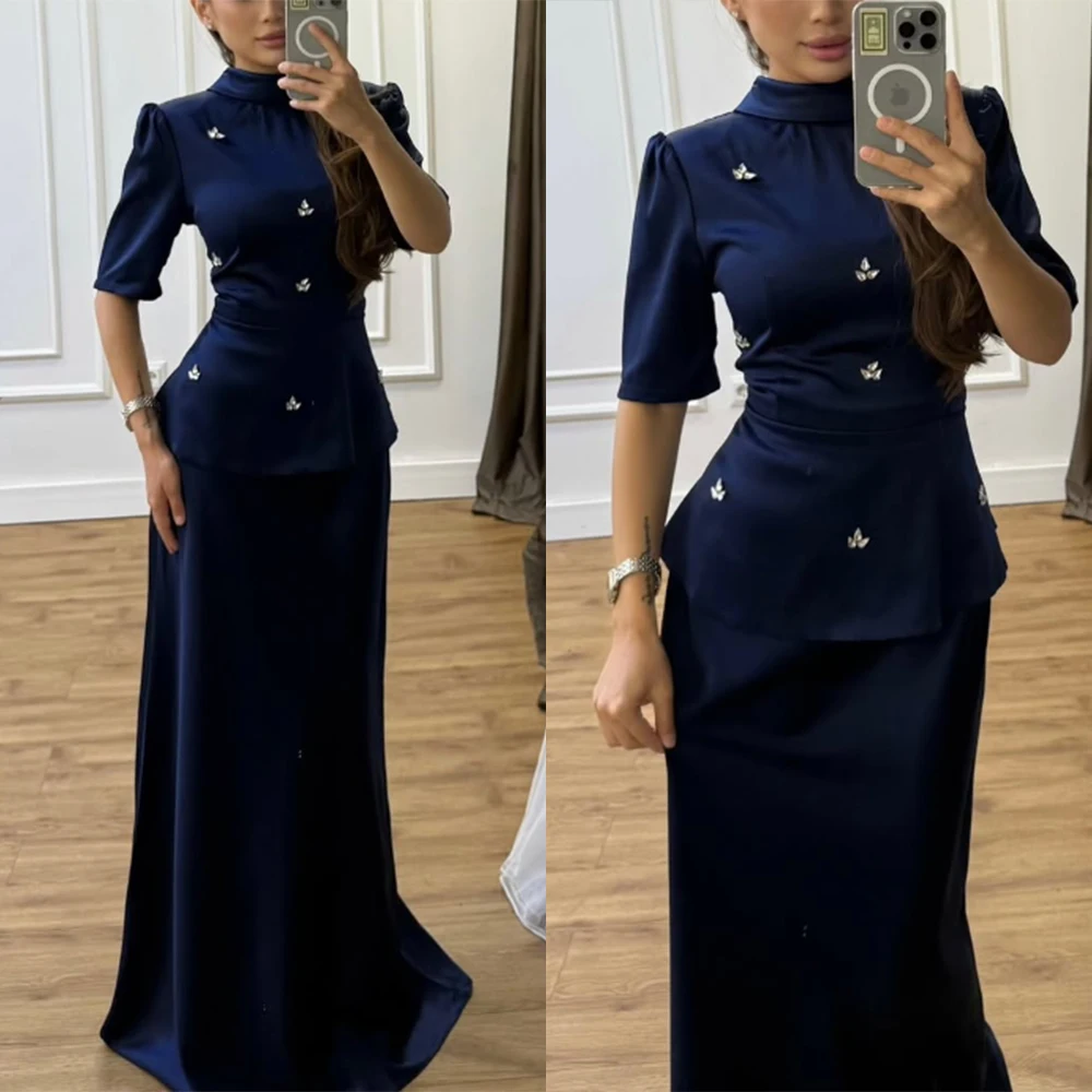 Customized High Collar Floor Length Beaded Half Sleeves Blue Wedding Party Dresses Vestidos Para Bodas Mujer Invitada Платье