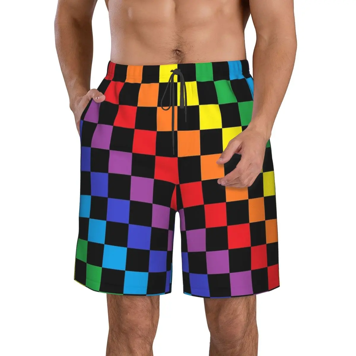 Checkered Rainbow Black Trunks Beach Board Shorts Casual Quick Dry Swimming Summer Men Pants