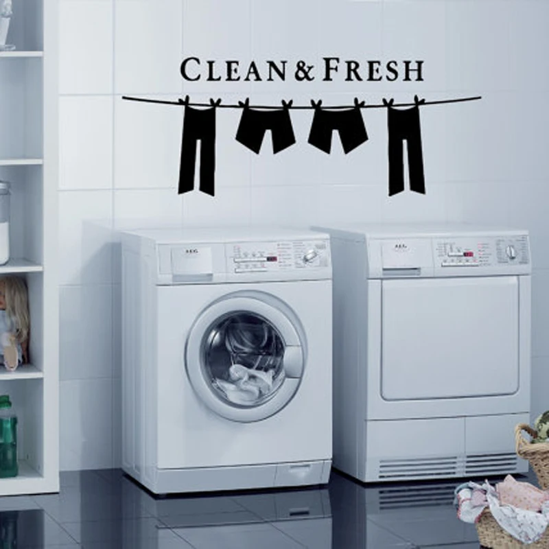 Clean and Fresh Laundry Wall Decal, Clothesline Sticker for Bathroom Laundry Room, Self-Adhesive Vinyl Home Decor Art Poster