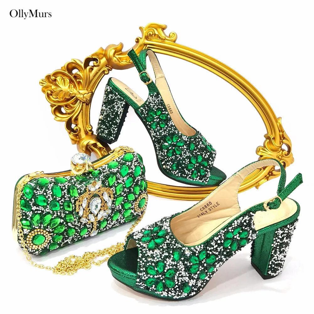 

New Design Green Color Woman Pumps Shoes And Bag Set African Summer Spike Heels Shoes And Bag Set For Party 6Colors Size 37-43