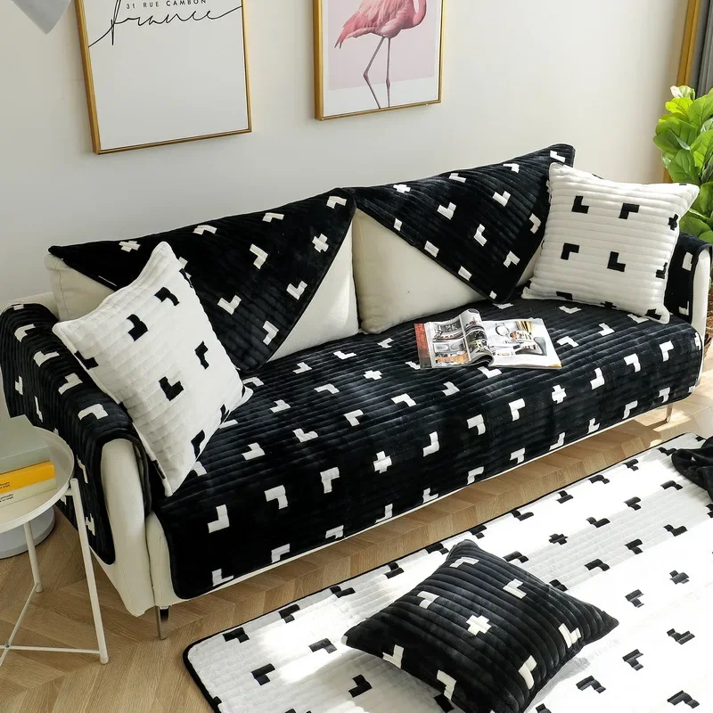 Thickened Black and White Sofa Cushion Winter Plush Non-Slip Simple Modern Plaid Straight Row Sofa Cover Cover Cloth Cushion