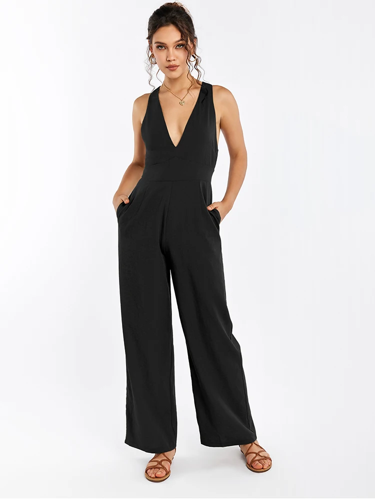 IVYLAE Women's Summer V Neck Rompers Jumpsuits Sleeveless Cross Back Overalls With Pockets Black New Arrival