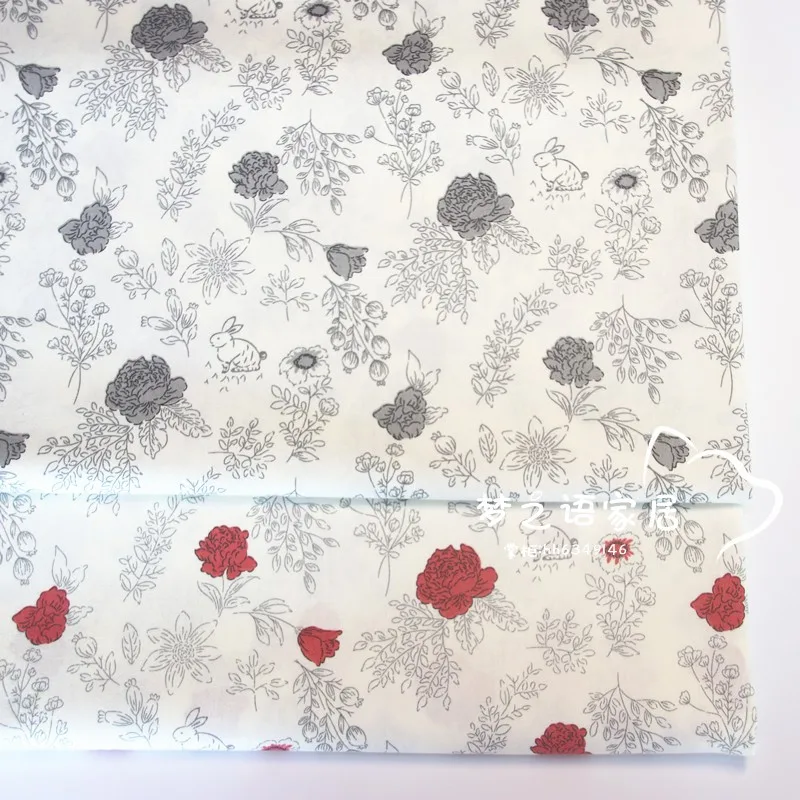 Floral and Rabbit Printed Cotton Fabric, Patchwork Cloth for Quilting, Baby Cribs, Cushions, Dress Sewing, DIY, Red, Gray, Rose