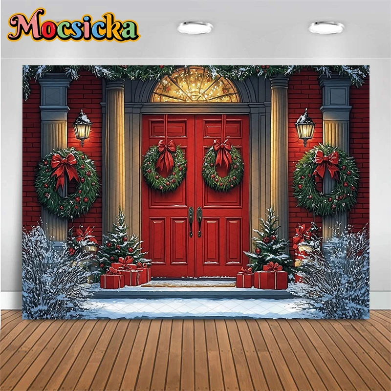 Mocsicka Rode Deur Kerst Achtergrond Fotografie Sneeuw Geschenken Boom Party Achtergronden Thuis Boog Groene Krans Decors Banner Photocall