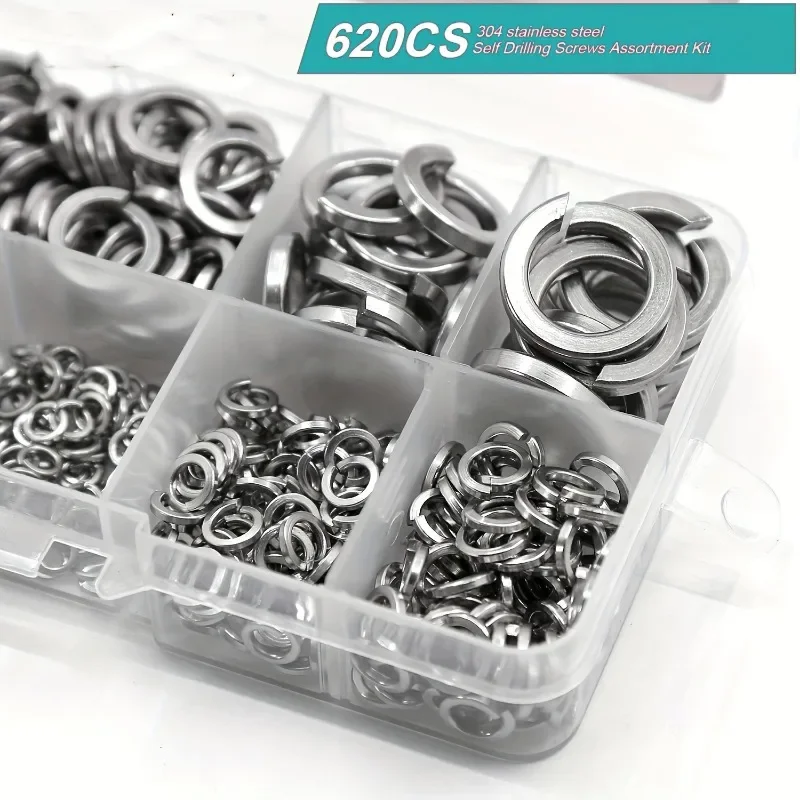 620pcs Stainless Steel Spring Lock Washers Assortment Kit M2/M2.5/M3/M4/M5/M6/M8/M10/M12 Locking Rings Snap Ring Fasteners Set