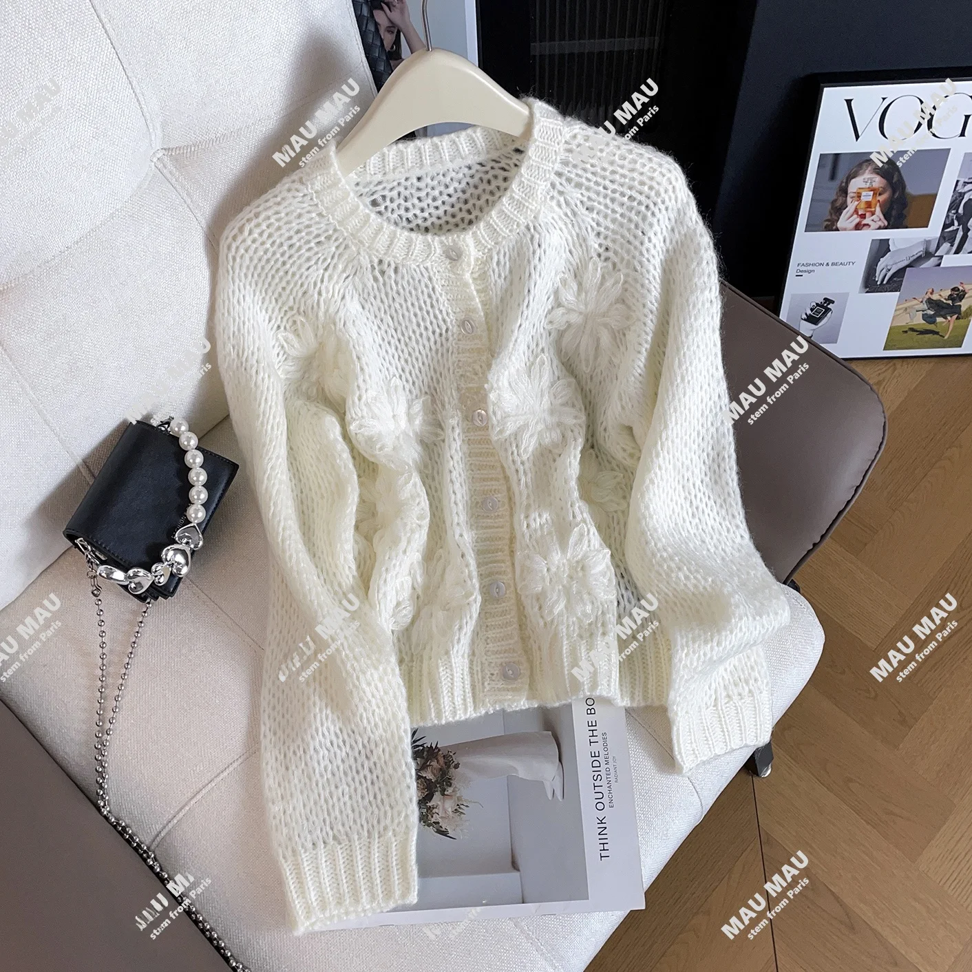 

Ele Hollow out Knitted Sweater Cardigan Women's Faion Winter 2025 Gentle Wind 3D Flower Design Soft Sle Ladies' Top