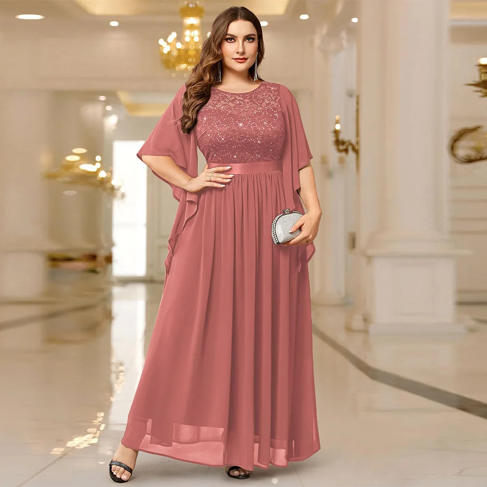 فستان MOLISA نسائي مقاس كبير مزين بالترتر مع أكمام عباءة كيب مكشكشة فستان أم العروس أنيق للحفلات ماكسي 2025