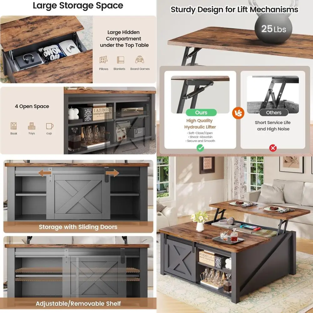 

Черный журнальный столик 31,5 дюйма с отсеком для хранения, мебель для гостиной, с большим скрытым отделением и регулируемыми полками