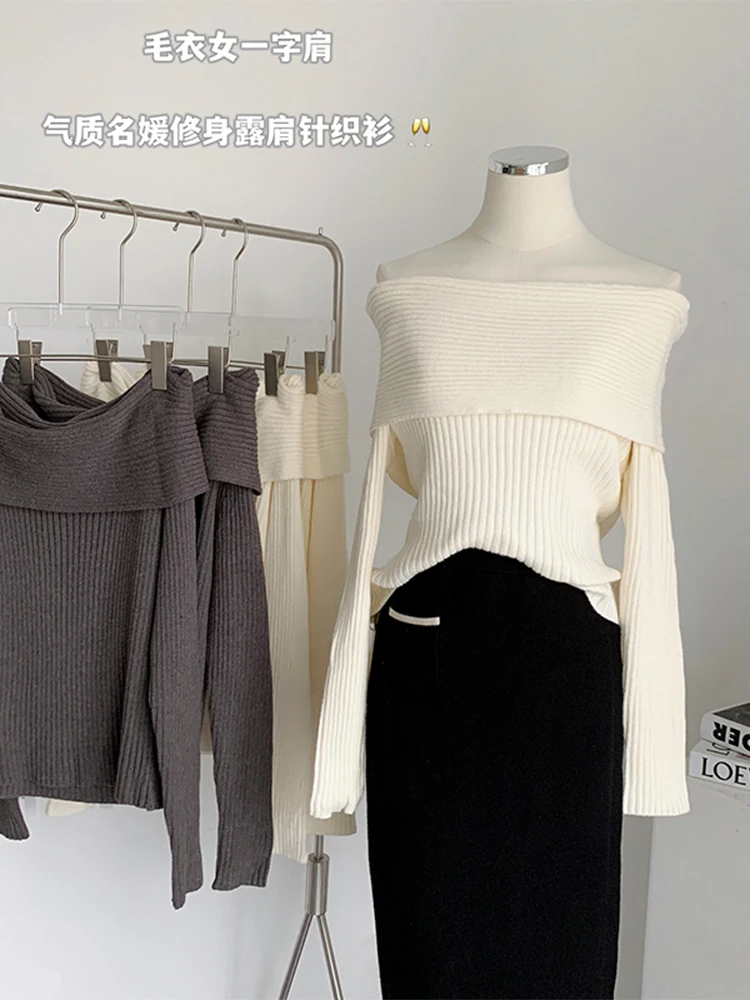 Women Autumn Winter Slash Neck Off Shoulder Sexy Knitwear Long Sleeve Slim Design Knitted Tops Solid Color Simplicity Clothes