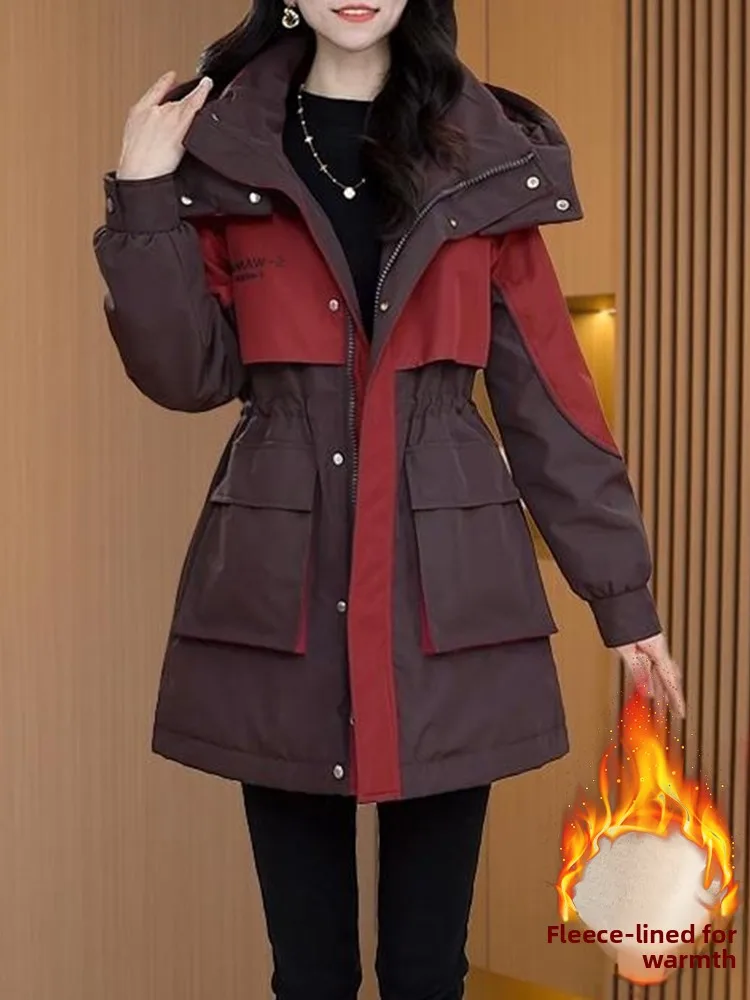 Winter 2022 Dames Thiened Fce Gevoerde Capuchon Jaet Kleur Blo Ontwerp Pendelen Sle Lange Jas Katoen Gewatteerde Bovenkleding