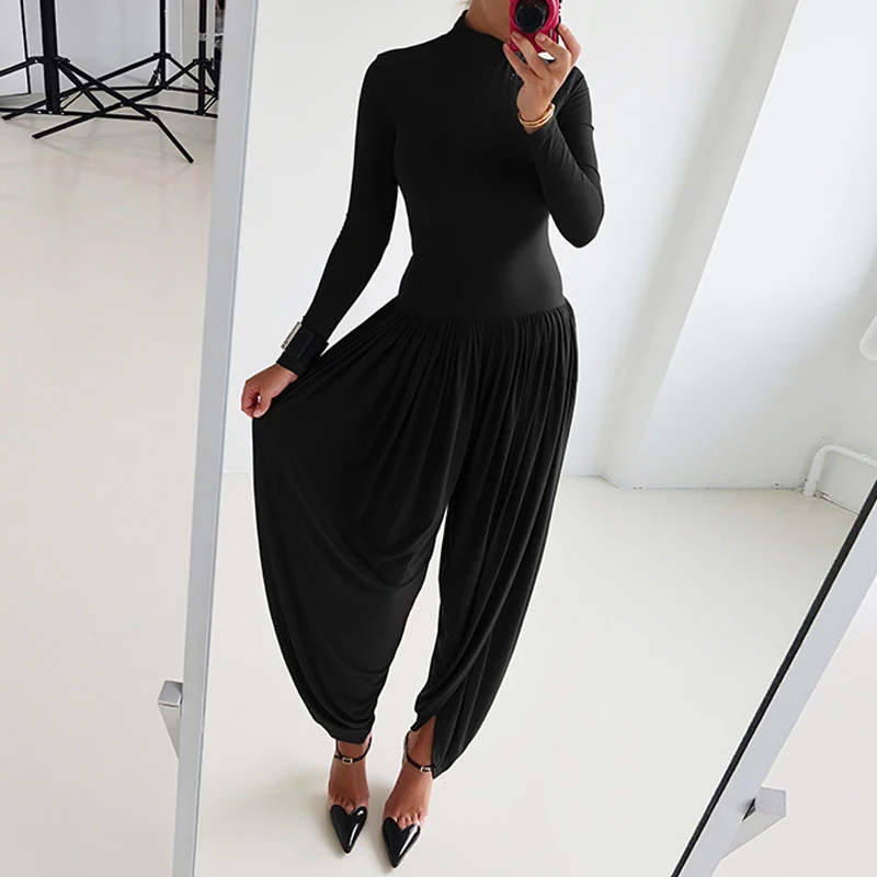 

Повседневный свободный комбинезон в стиле High Street для вечеринок, женский элегантный драпированный однотонный ромпер, модный комбинезон с высоким воротником и длинными рукавами