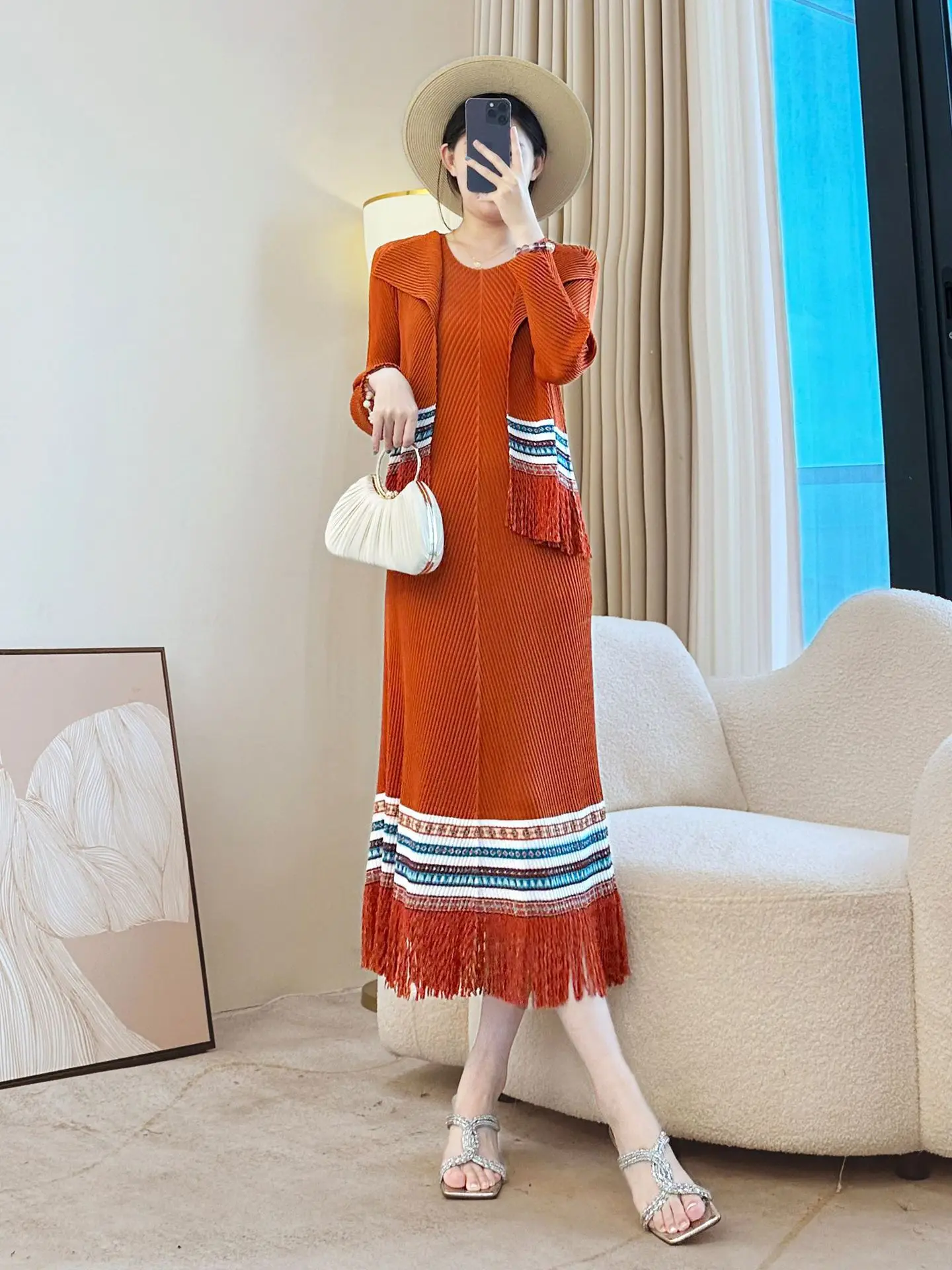

Miyake Pleated High-end Loose Suit Fashion Printed Fringed Top Elegant Sundress Two-piece Set 2025 New Women's Clothing
