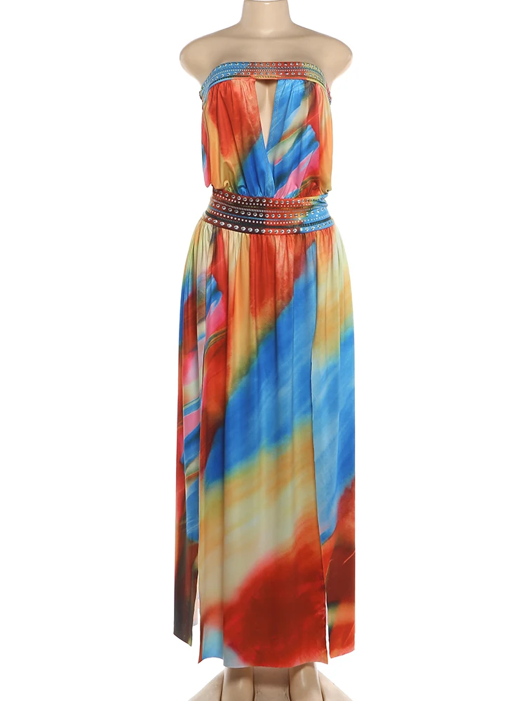 Sisterlinda Damen Sexy Kleid mit buntem Print, Wickelkleid, rückenfrei, hohe Schlitze, Sommer, Urlaub, Strandparty, elegante Party, figurbetont – Detail 3