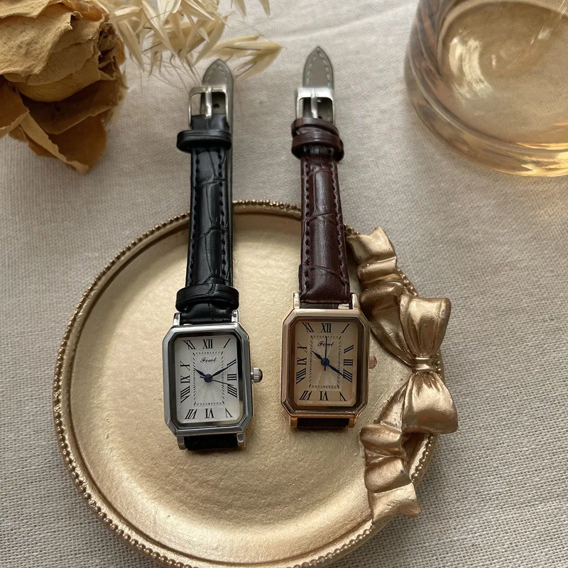 الرجعية الاتجاه عارضة مستطيل كتم مؤشر كوارتز ساعة روما أزياء بسيطة مزاجه التناظرية بو الجلود ساعة معصم فتاة الفتيات